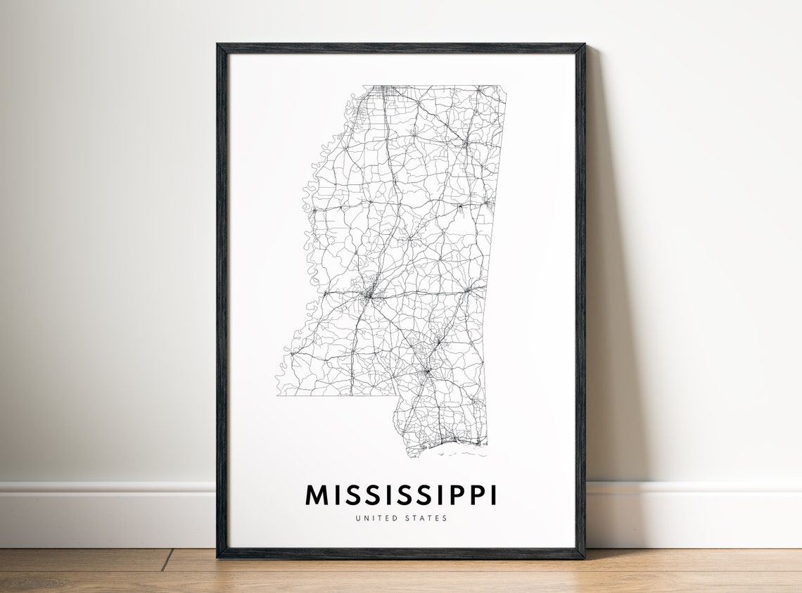 Mississippi State Road Map Minimalist Black White Art Poster - Image 5