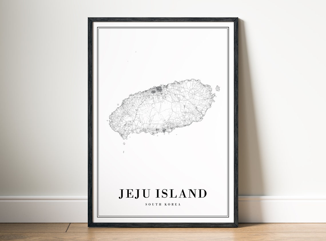 Jeju Island South Korea Island Road Map Black And White Print