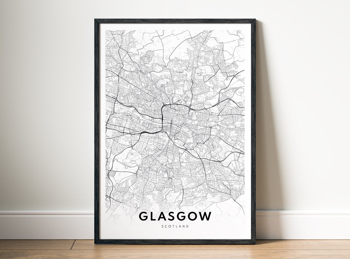 Glasgow Scotland Minimalist Black And White Street Map Poster