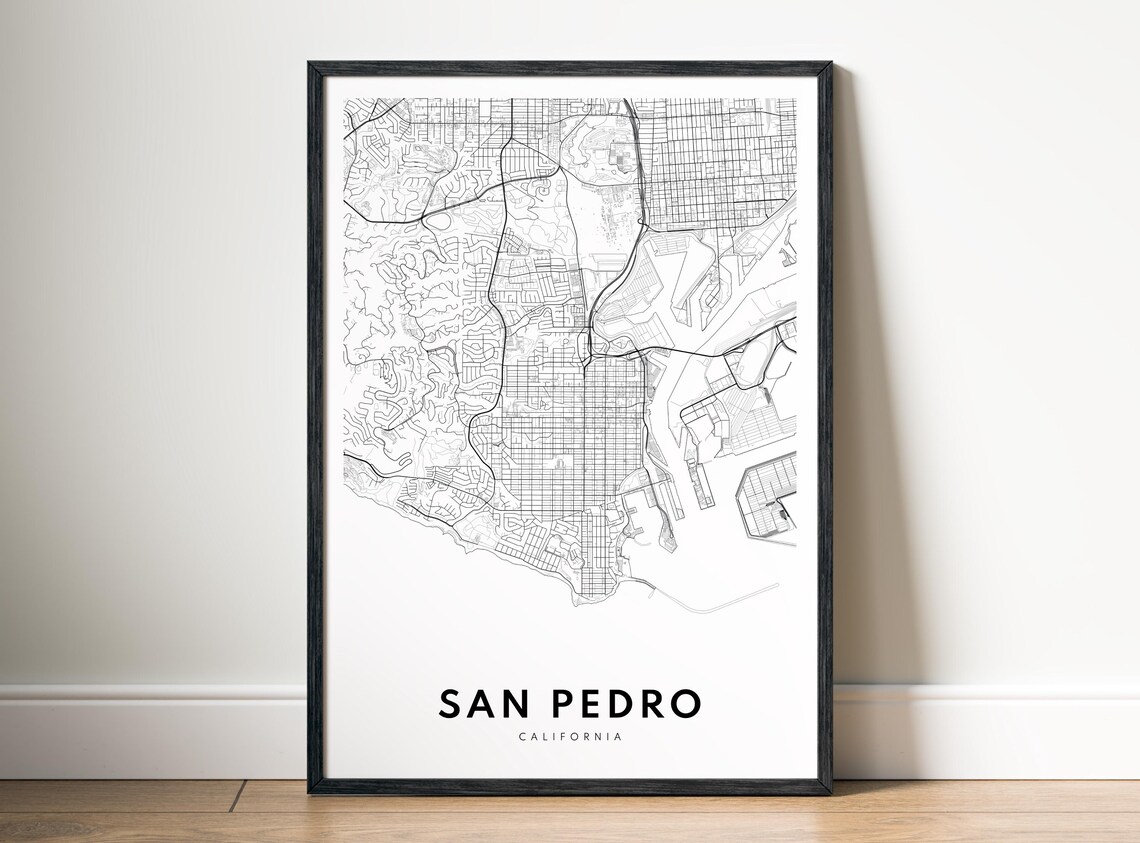 San Pedro Ca Map Print Poster City Black And White