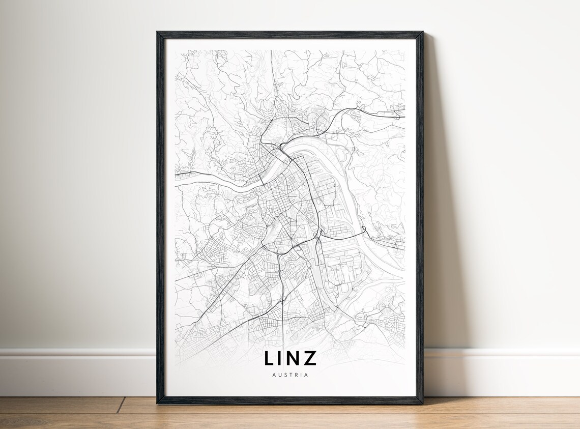 Linz Map Print Austria Poster Clean Minimalist Black And White Art Sketch