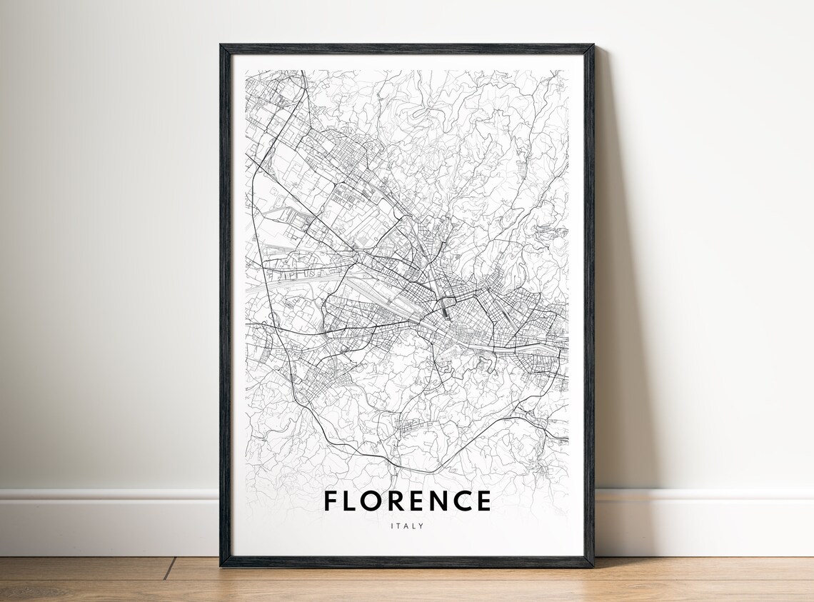 Florence Italy Minimalist City Street Map Black White Wall Art