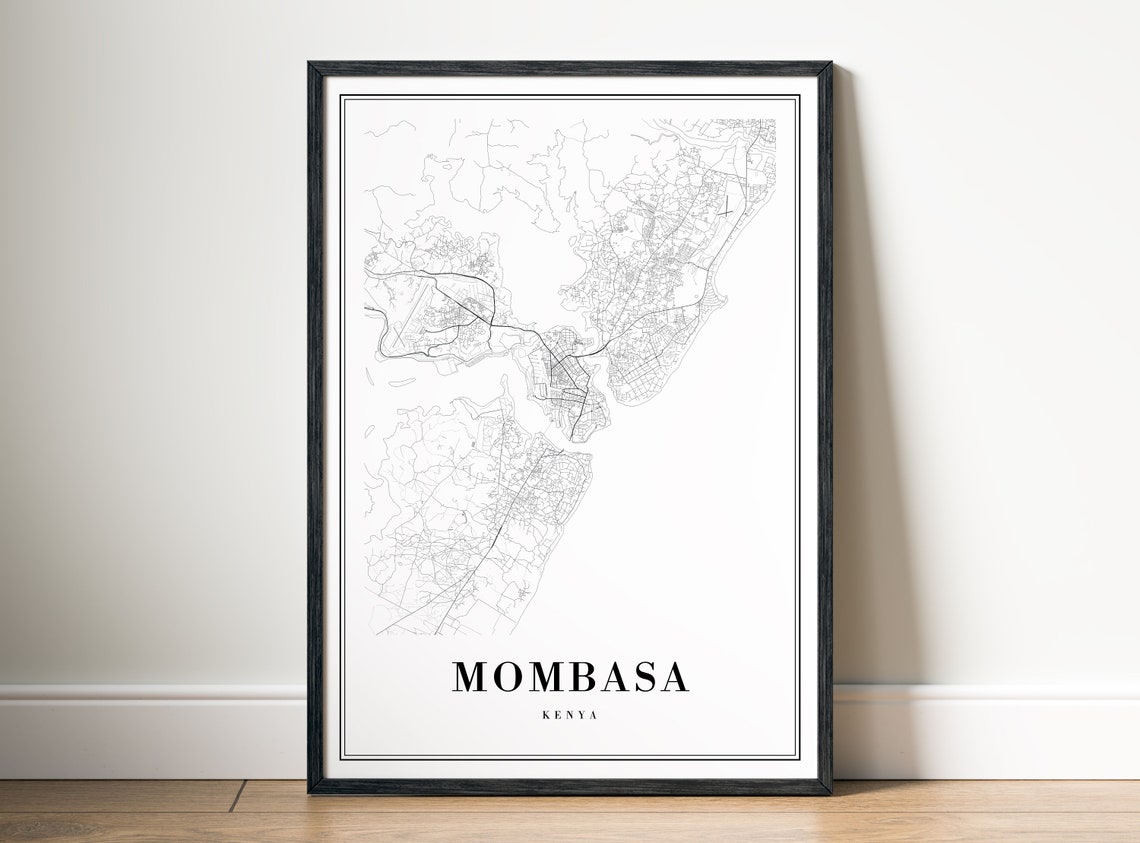 Mombasa Kenya City Street Map Line Art Black and White Poster