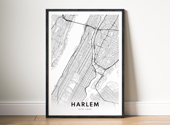 Harlem Map Print New York Poster Black And White Wallart Manhattan Sketch