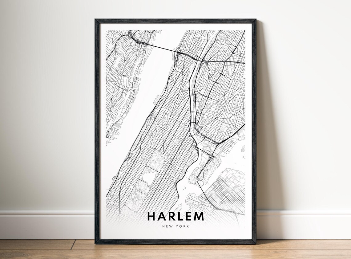 Harlem Map Print New York Poster Black And White Wallart Manhattan Sketch