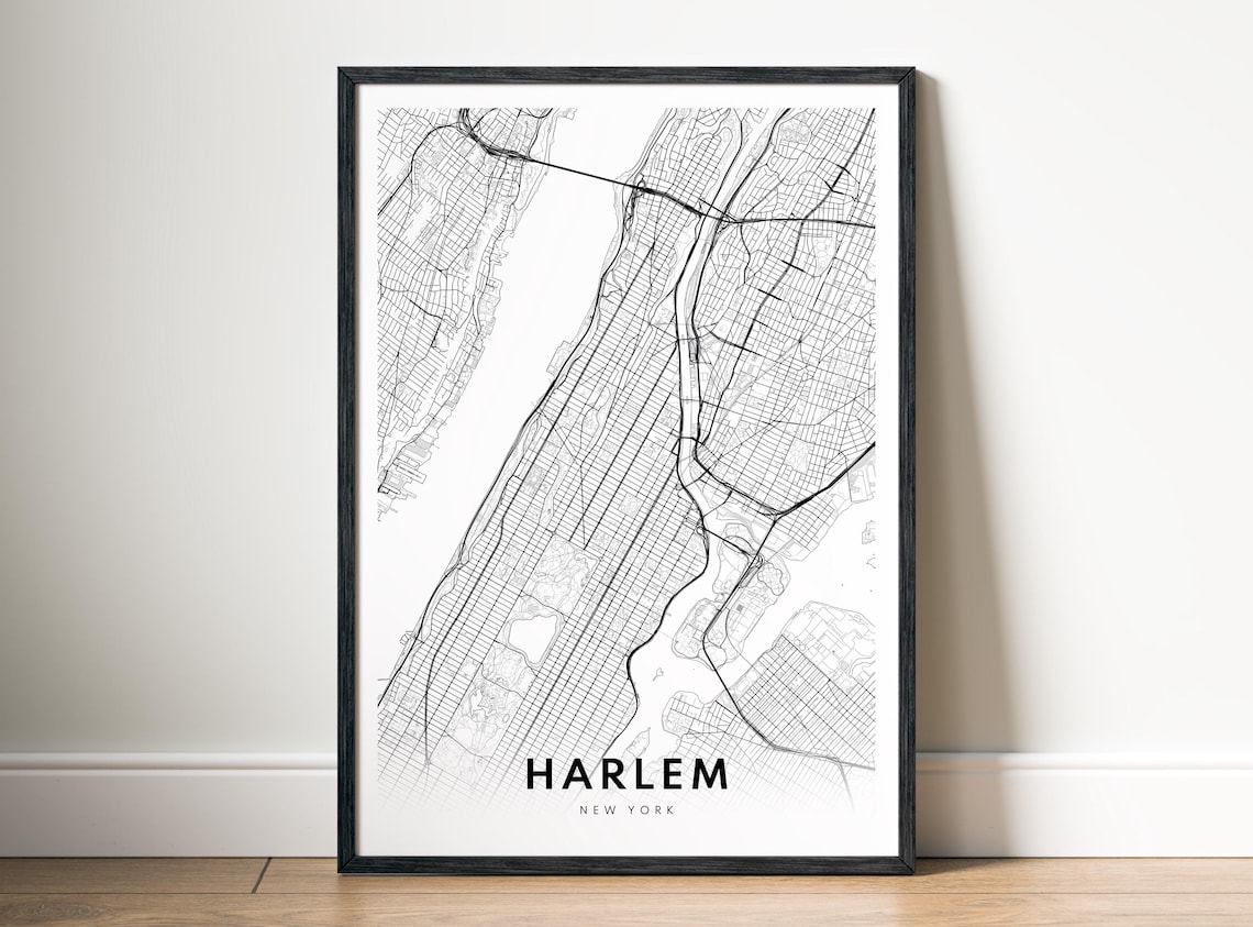 Harlem New York Black And White Neighborhood Map Minimalist Poster