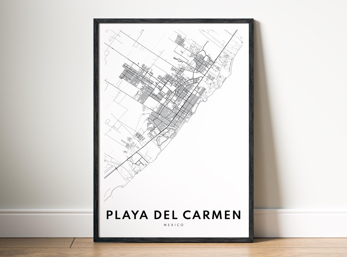 Playa Del Carmen Mexico Map Poster Black And White Minimalistic Art