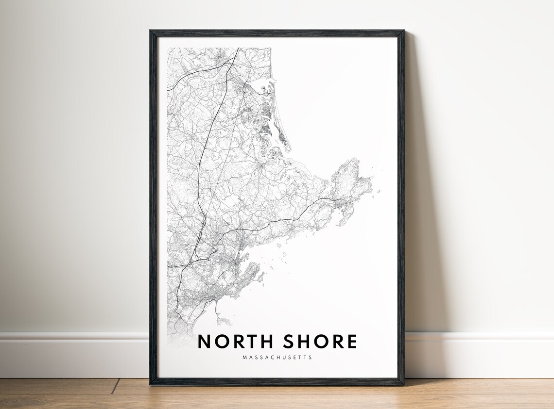 North Shore Massachusetts Map, Black and White Art Print - Image 5