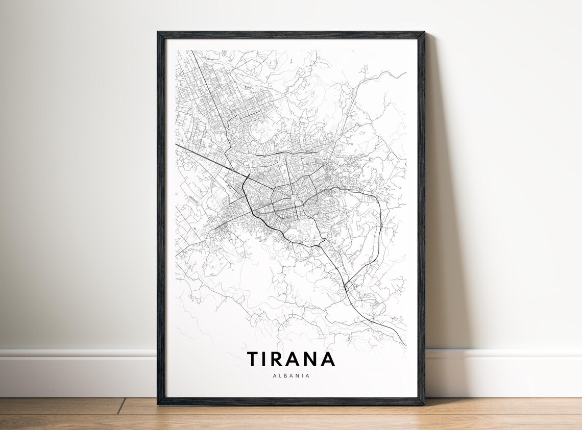 Tirana Albania City Map Poster Black And White Modern Wall Art Minimalist Decor