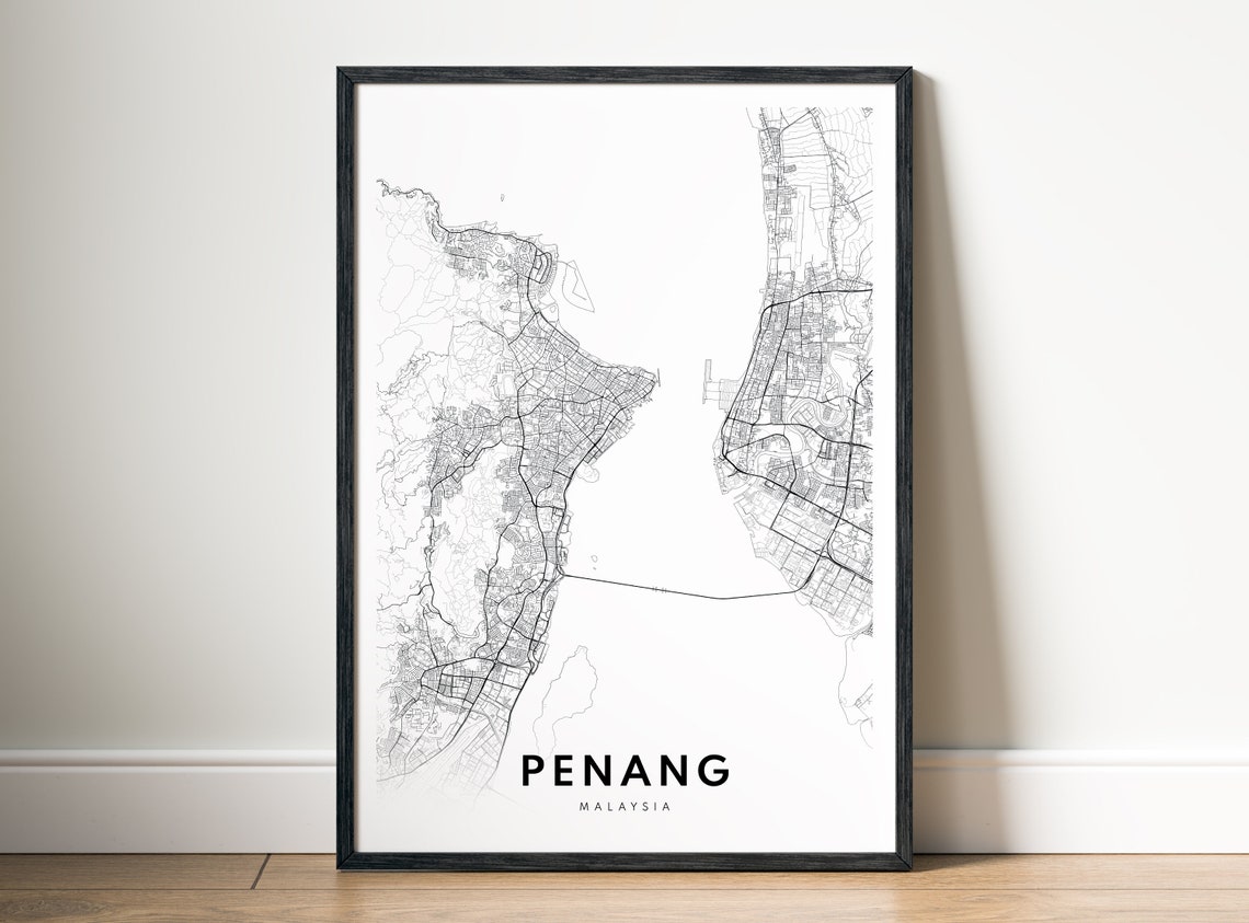 Penang Malaysia City Street Map Minimal Black White Map Wall Print