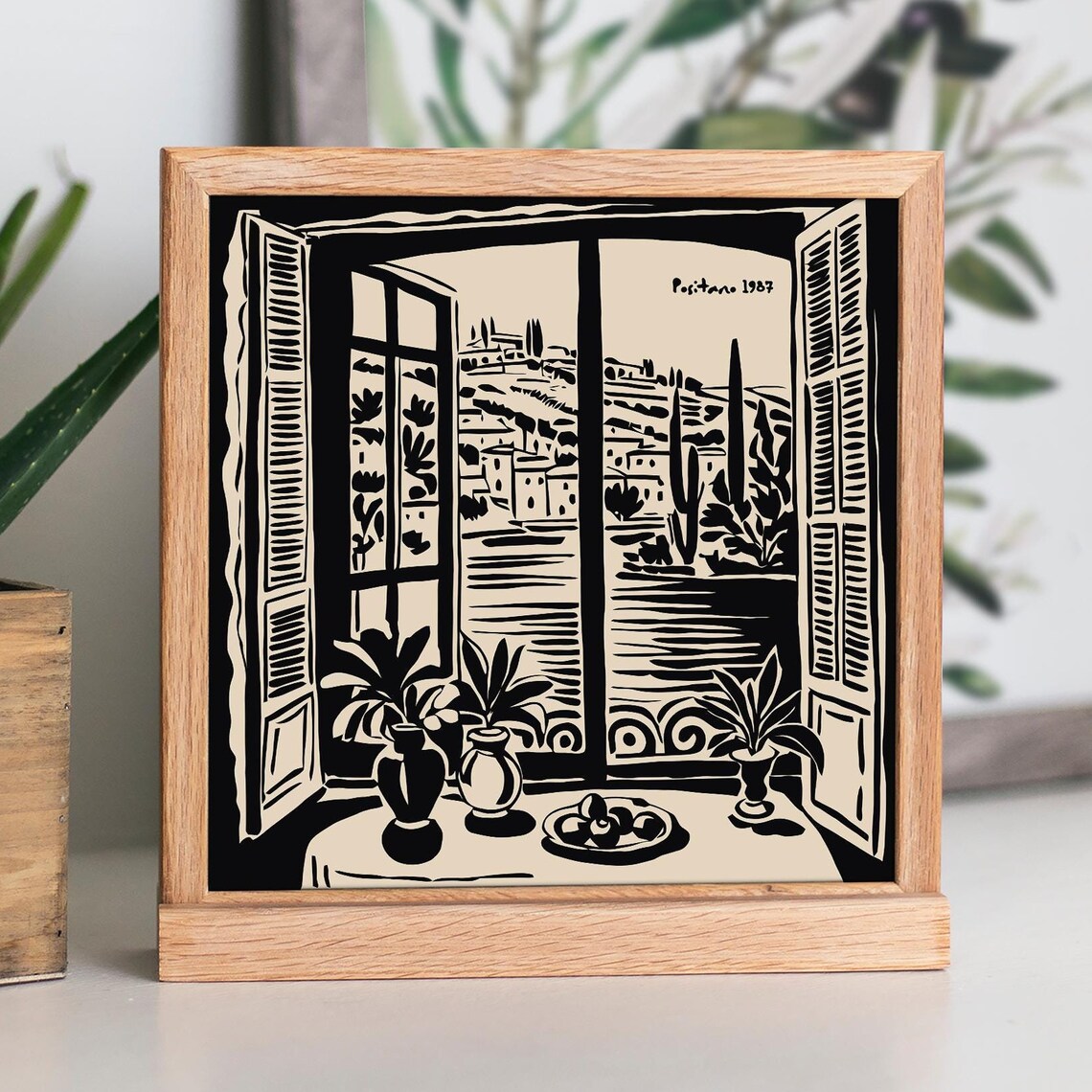 Positano 1987 Window Balcony View Black Ink Vintage Travel Poster