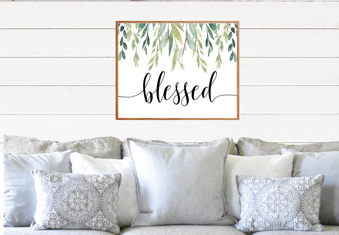 Blessed Script Quote with Trailing Green Leaves Farmhouse Poster