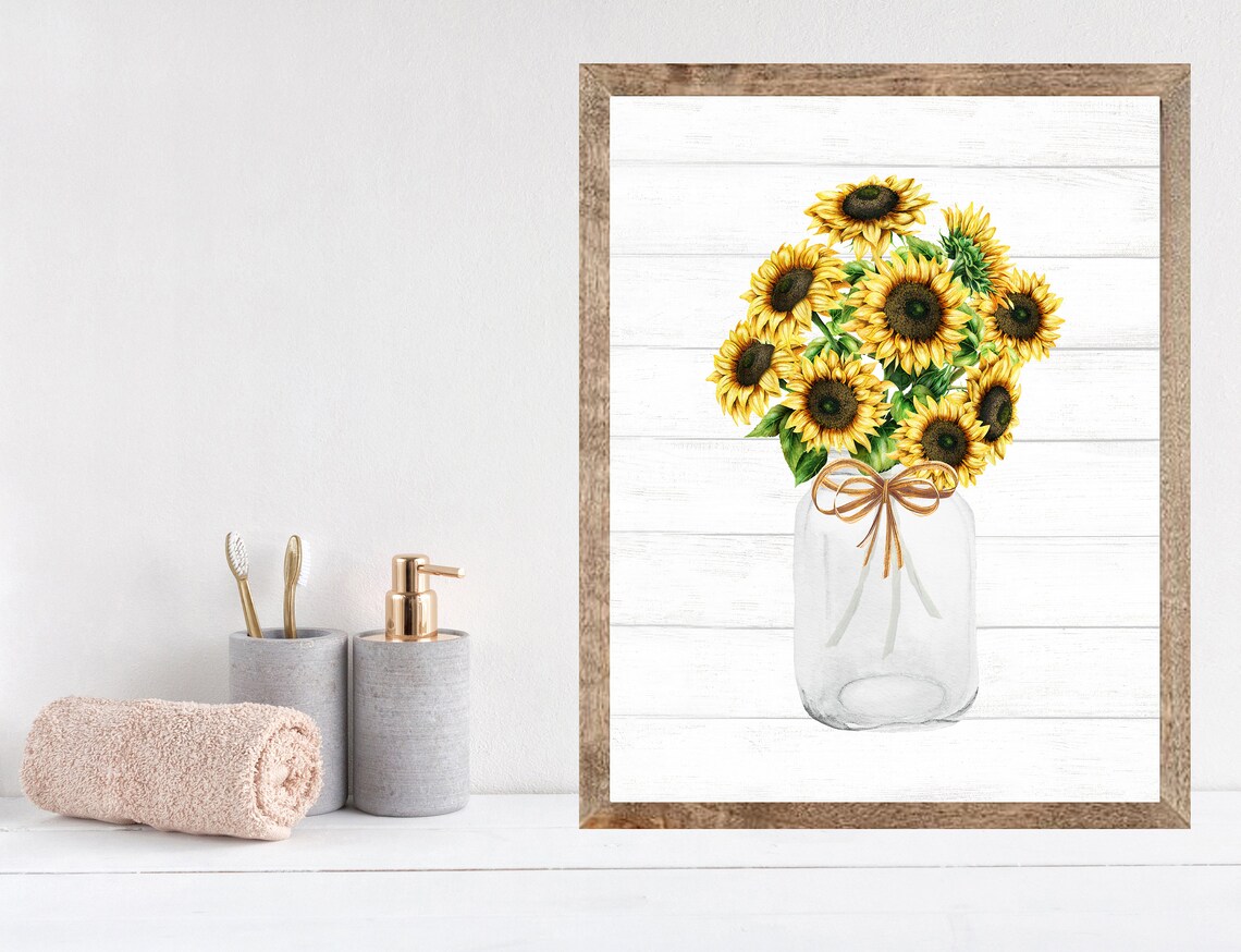 Sunflower Bouquet In Clear Mason Jar With Raffia Bow Farmhouse Poster