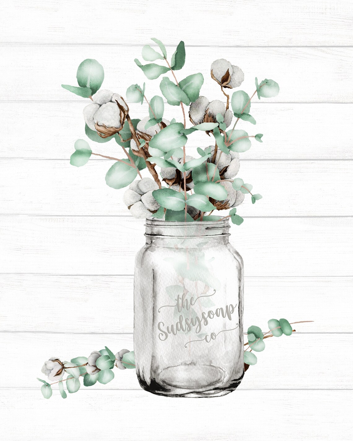 Eucalyptus and Cotton Bouquet in Glass Mason Jar Farmhouse Poster - Image 2