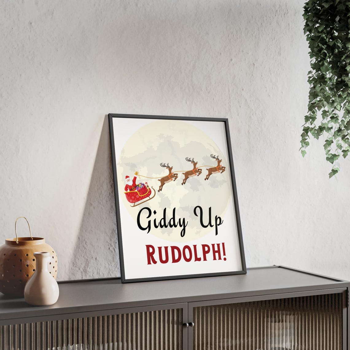 Giddy Up Rudolph Santa Sleigh Full Moon Night Christmas Poster