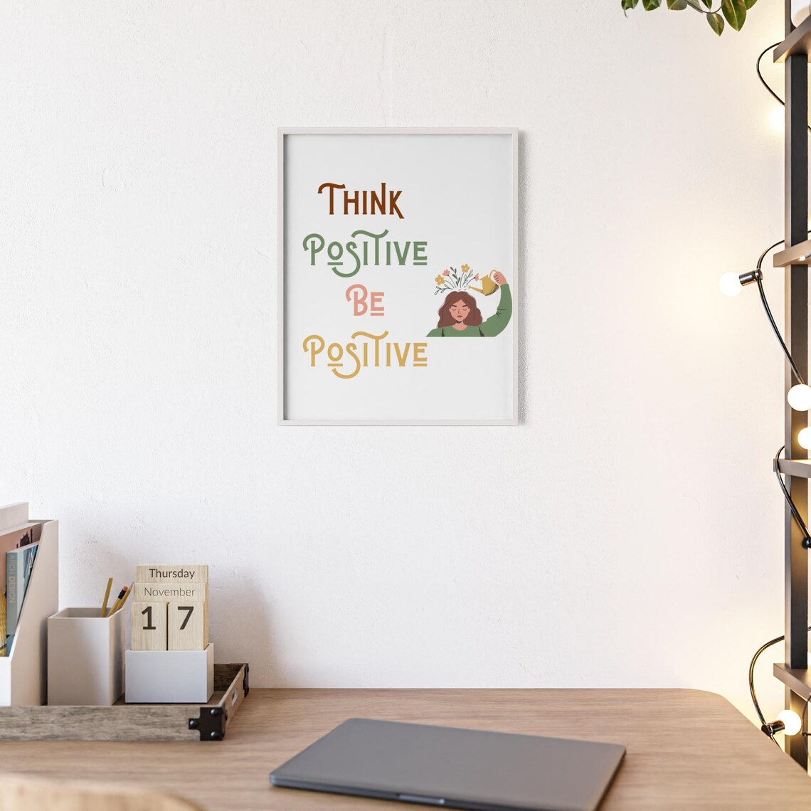Think Positive Be Positive Girl Watering Flowers Mind Poster - Image 2