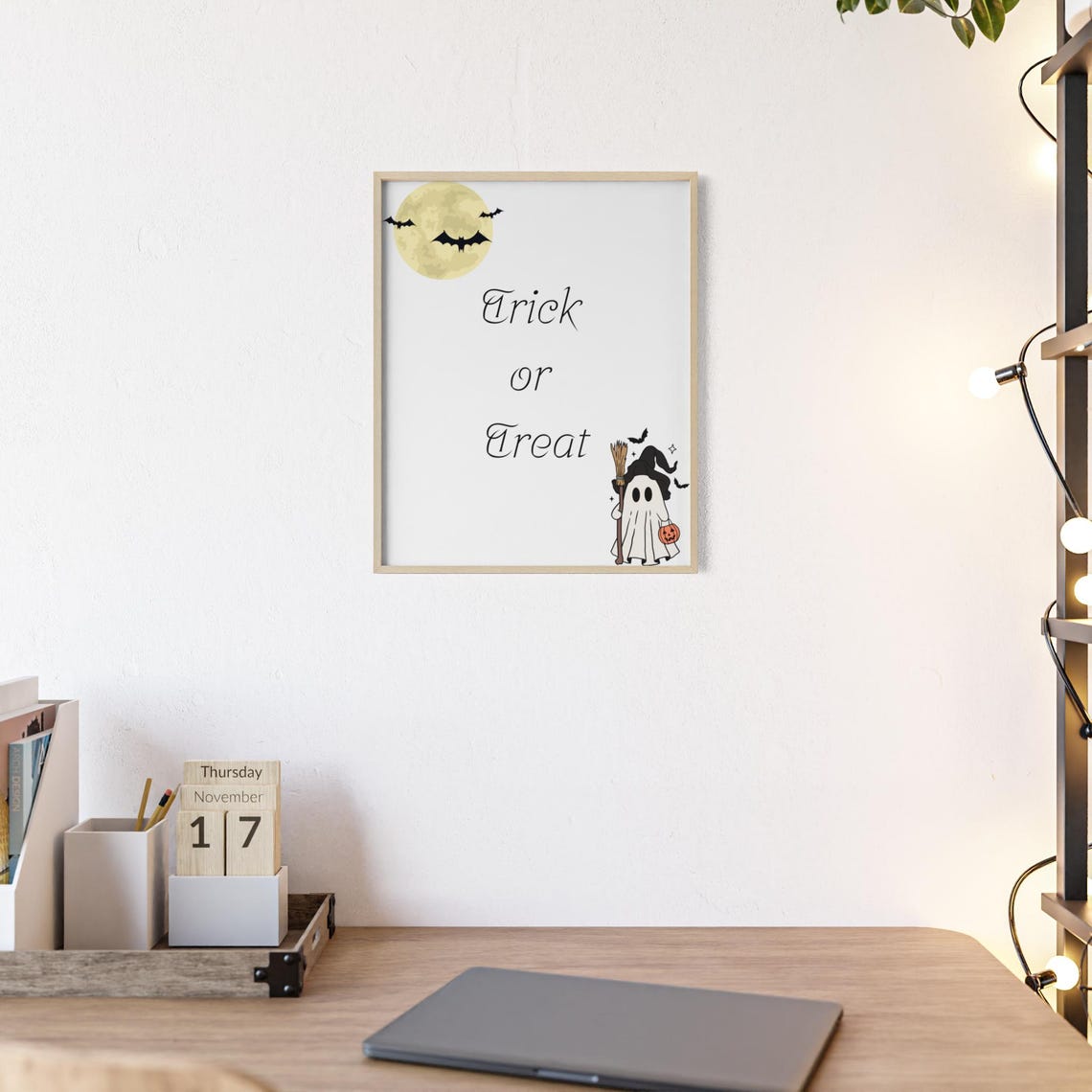Trick Or Treat Cute Ghost Pumpkin Moonlit Starry Halloween Poster - Image 2