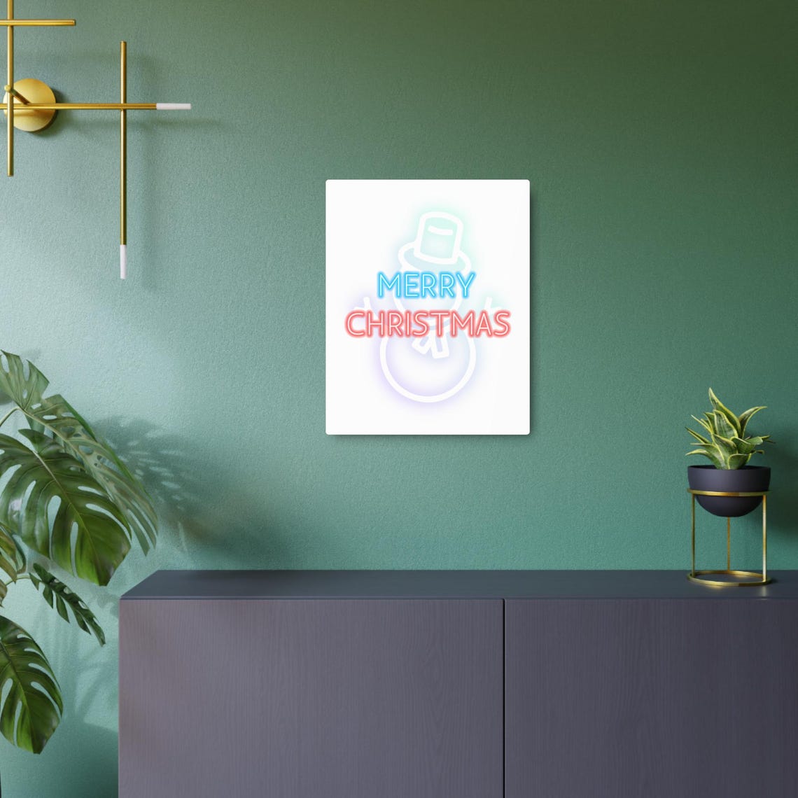 Merry Christmas Neon Sign Snowman Blue Pink Glow Modern Poster - Image 2