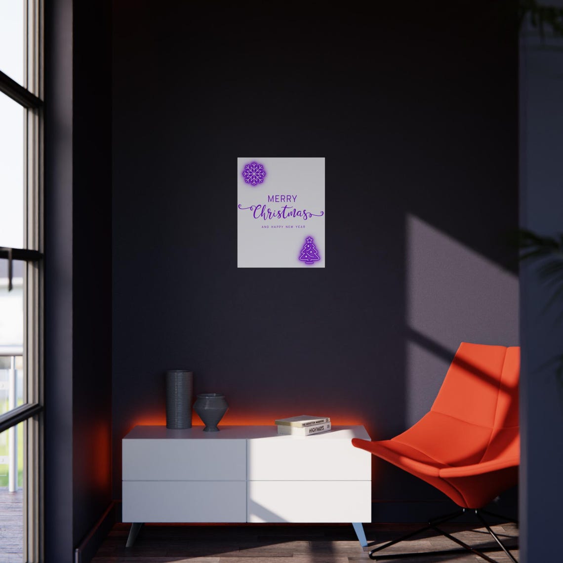 Merry Christmas Purple Neon Snowflake Tree Glowing New Year Poster - Image 3