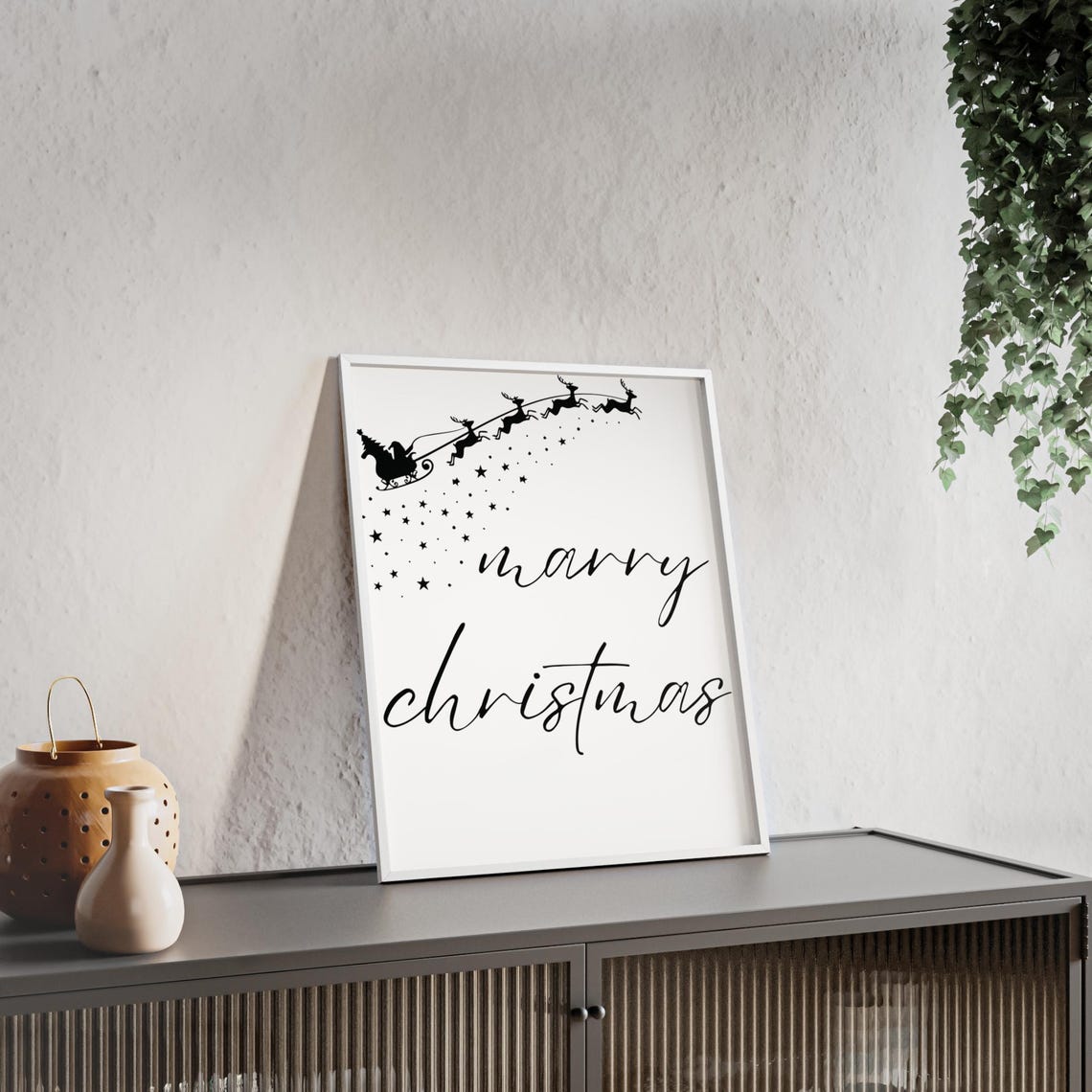 Merry Christmas Santa Sleigh Silhouette Stars Minimalist Poster