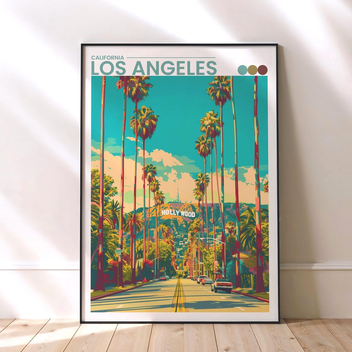 Los Angeles Hollywood Sign Palm Tree Street California Retro Poster