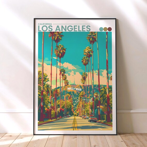 Los Angeles Hollywood Sign Palm Tree Street California Retro Poster