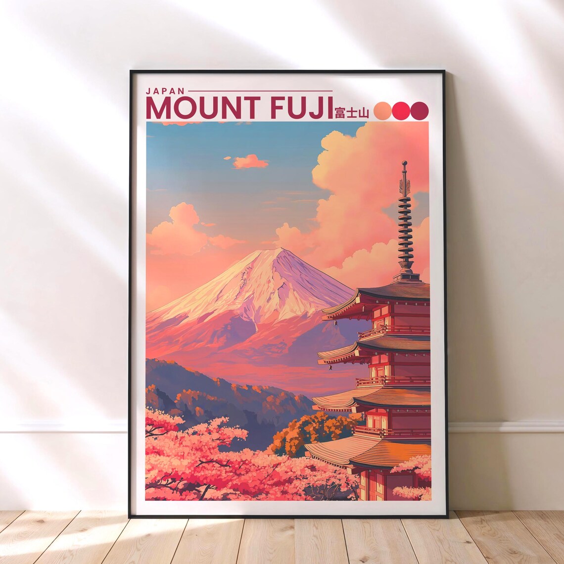 Mount Fuji Japan at Sunset Beside Pagoda with Sakura Travel Poster