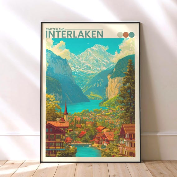 Interlaken Travel Poster Swiss Alps Wall Art Alpine Village Print