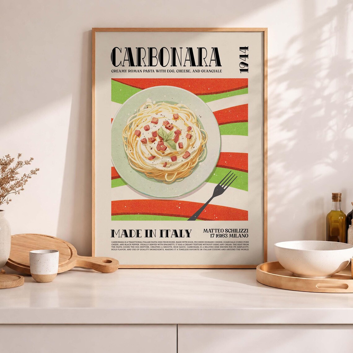 Carbonara 1944 Retro Italian Food Poster Creamy Pasta Kitchen Decor