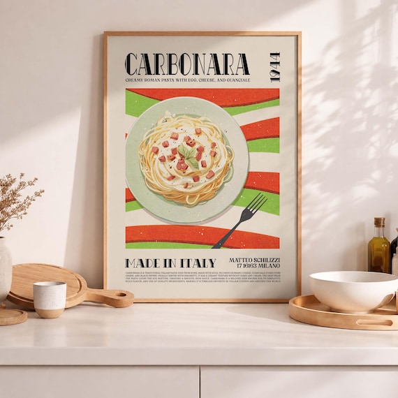 Carbonara 1944 Retro Italian Food Poster Creamy Pasta Kitchen Decor