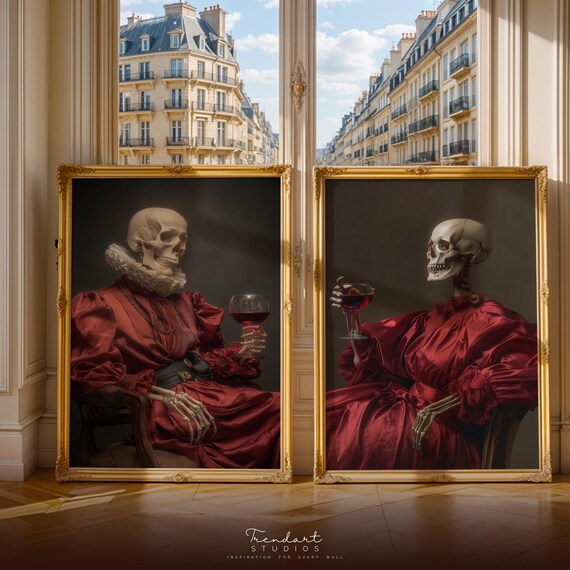 Set Of 2 Wall Art Gothic Portrait Dark Academia Gallery Moody Regal Skeleton Decor Da00058