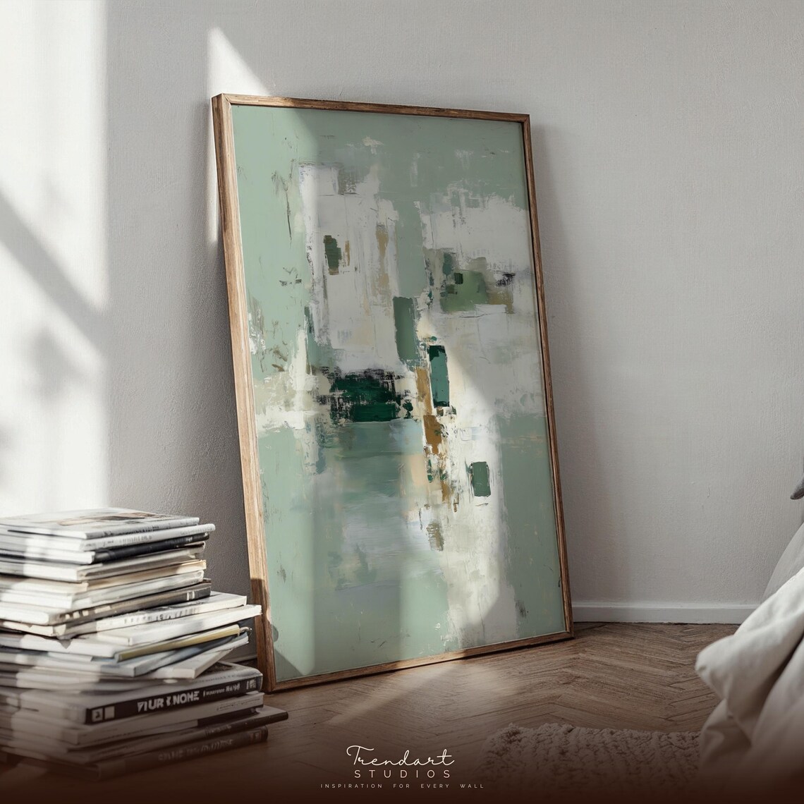 Minimalist Wall Art Emerald Green Abstract Print Japandi Textured Sage Decor Da00037