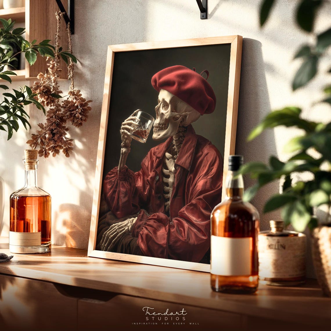 Skeleton Artist in Red Beret Drinking Whiskey Vintage Art Poster