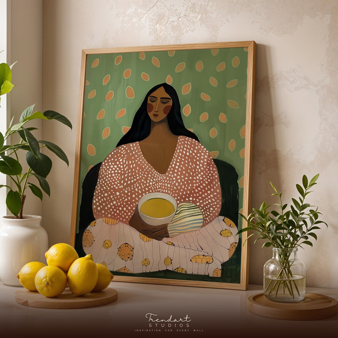Serene Woman Holding Soup Bowl Warm Folk Art Kitchen Fine Art Poster