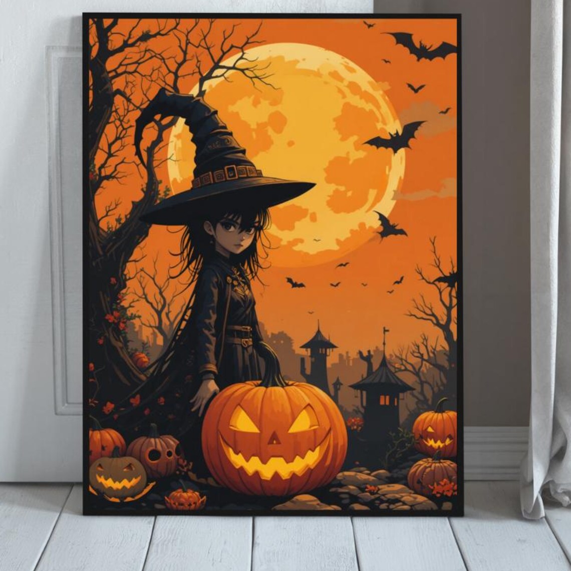 Cute Witch Girl With A Giant Jack-O-Lantern Beneath An Orange Full Moon Poster