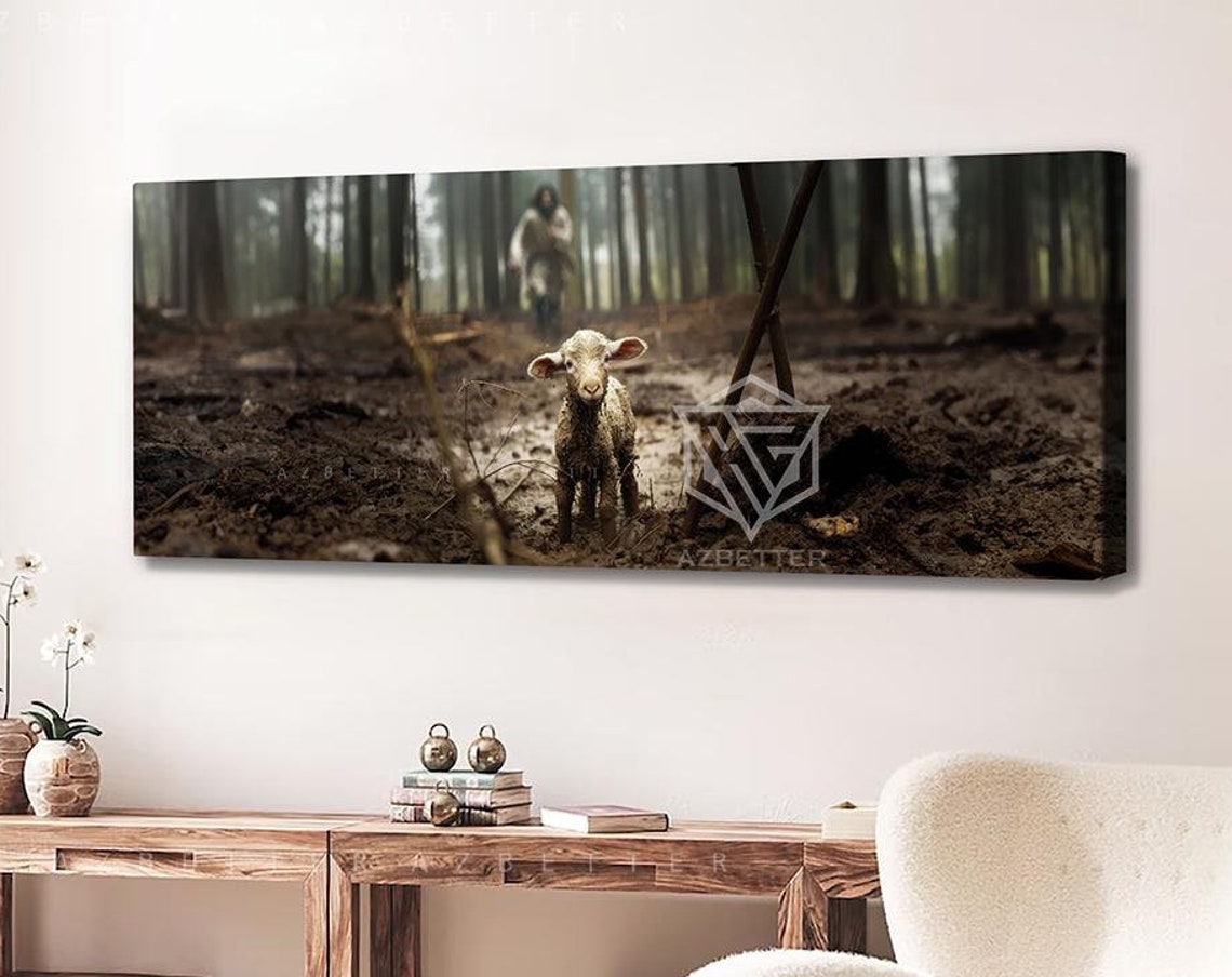 Lost Lamb Good Shepherd Muddy Forest Panoramic Christian Wall Poster