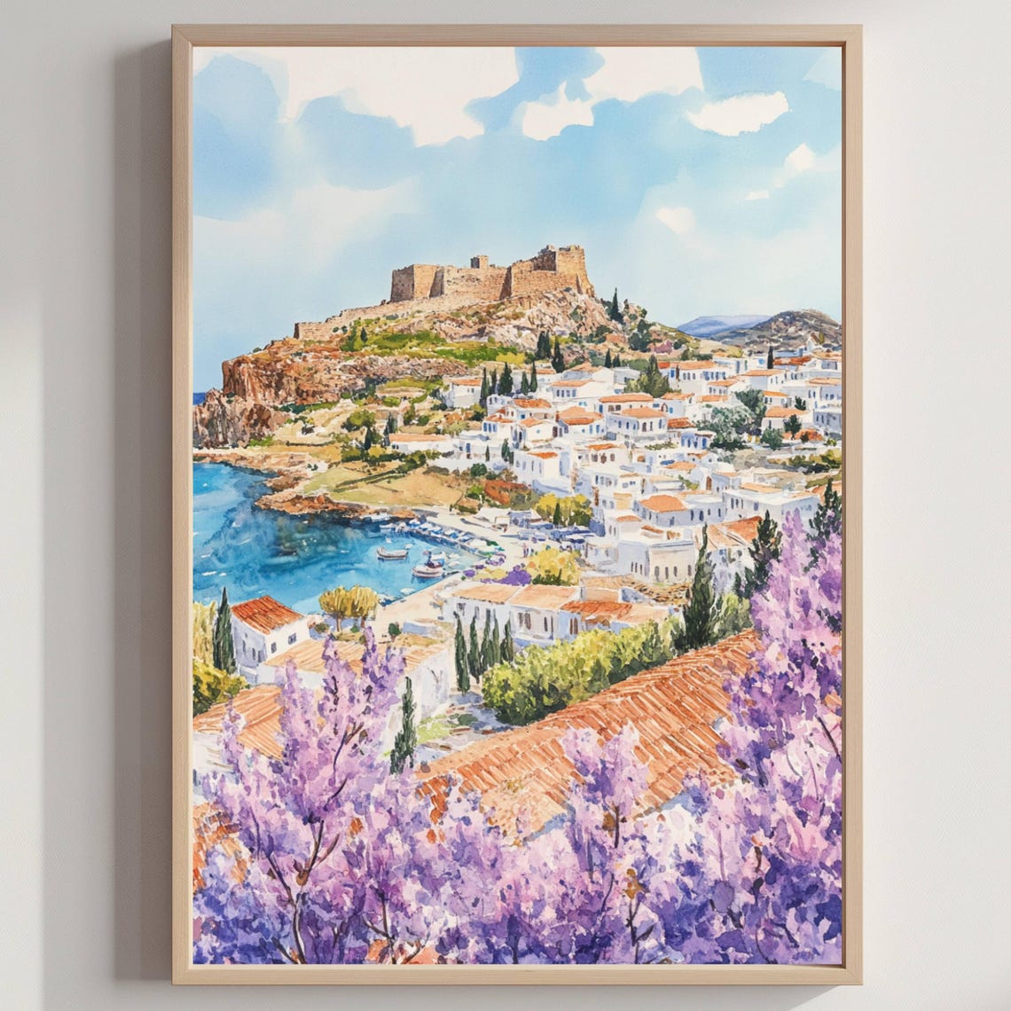 Greek Island Coastal Village Castle Hill Watercolor Art Print