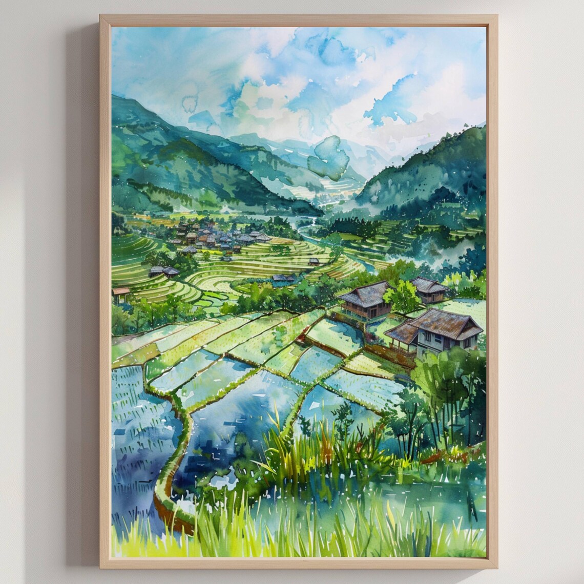 Rice Terraces Mountain Village Lush Green Valley Watercolor Poster