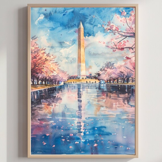 Washington Monument Cherry Blossom Springtime Watercolor Poster
