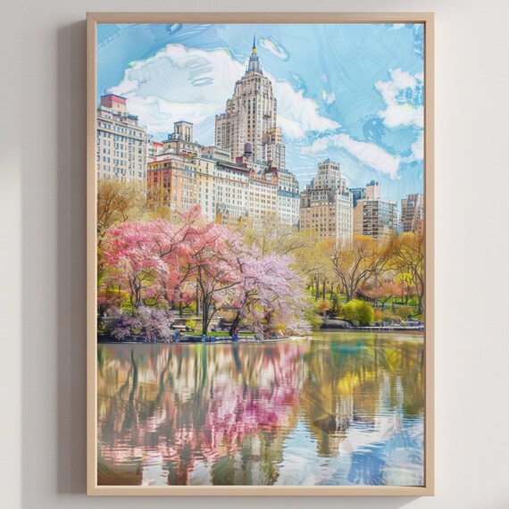 Central Park Spring Cherry Blossoms Lake Reflection NYC Skyline Poster