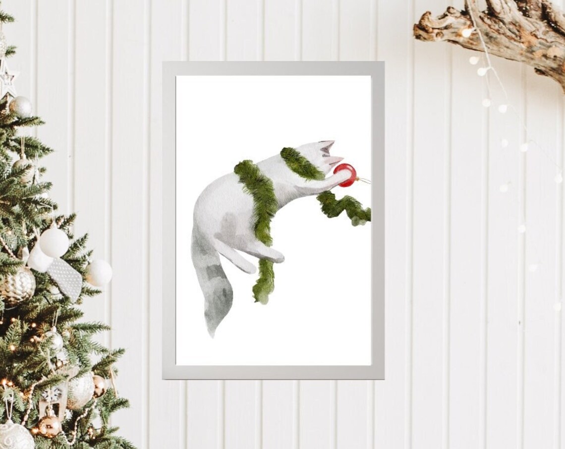 Christmas Cat Tangled in Garland Watercolor Holiday Kitty Poster