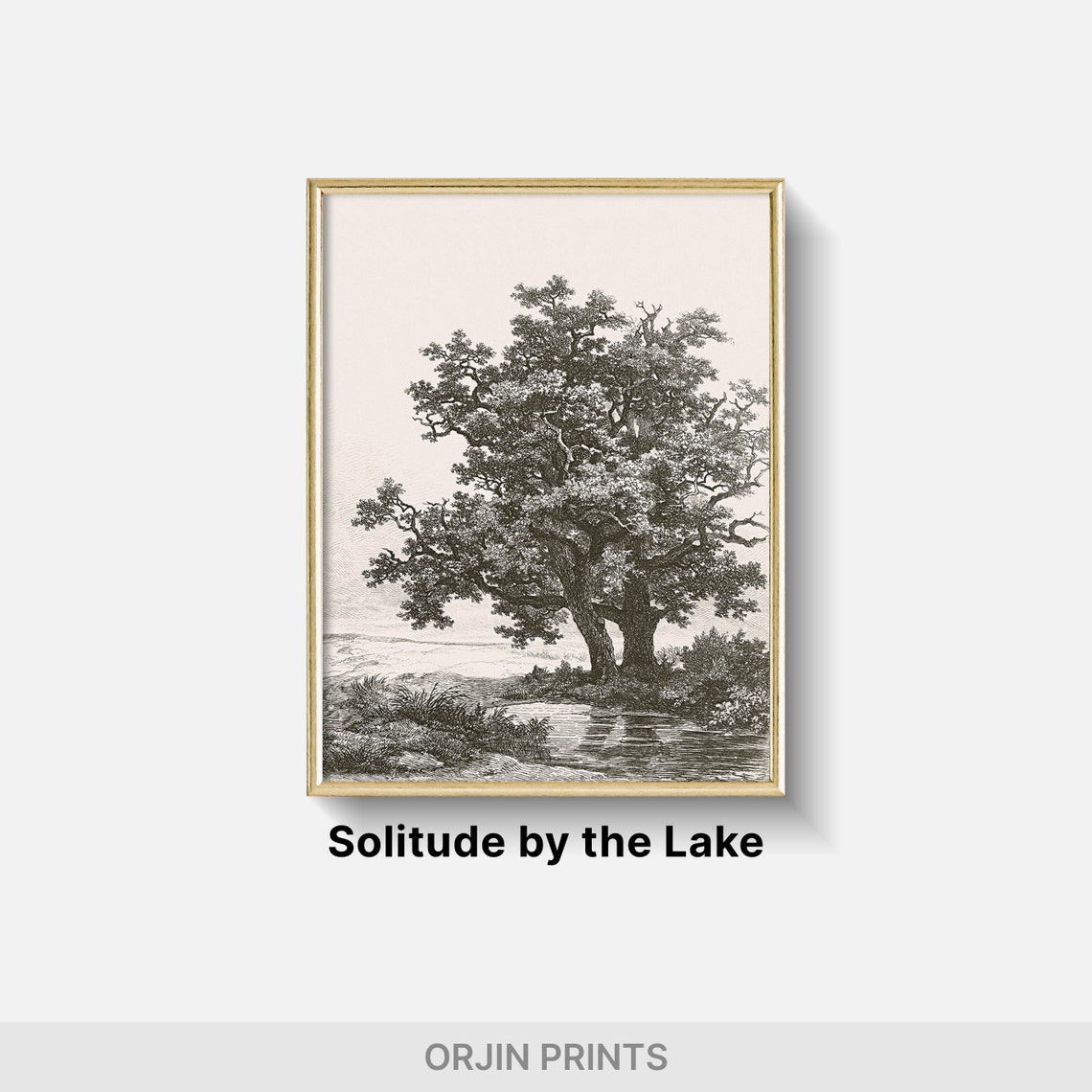 Majestic Oak Tree by a Stream Black White Engraving Art Poster - Image 2