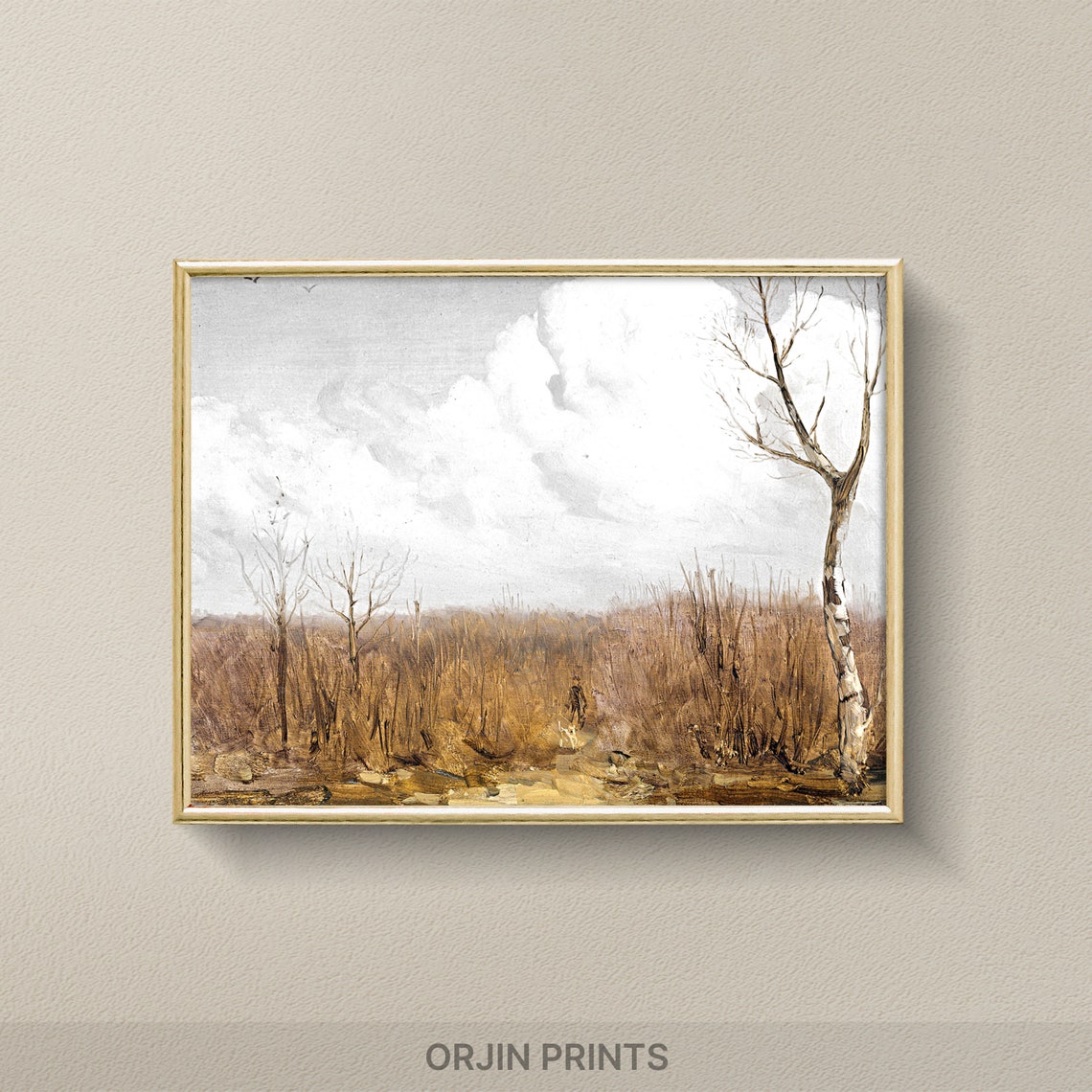 Autumn Field Bare Birch Trees Golden Grass Vintage Painting Poster
