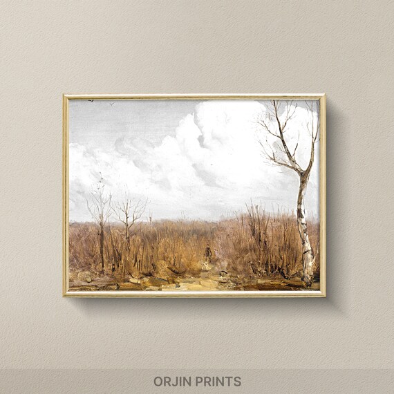 Autumn Field Bare Birch Trees Golden Grass Vintage Painting Poster
