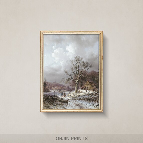 Snowy Village Path Bare Trees Cottages Church Spire Winter Art Poster