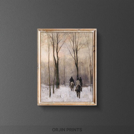 Horseback Riders in Snowy Forest Vintage Winter Woodland Painting Poster