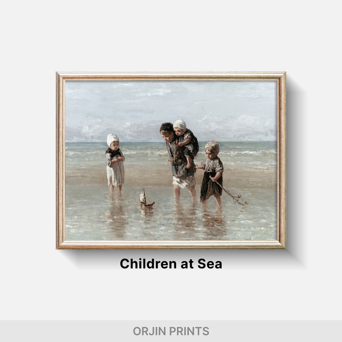 Children Playing Beach Toy Sailboat Vintage Seaside Painting Poster - Image 2