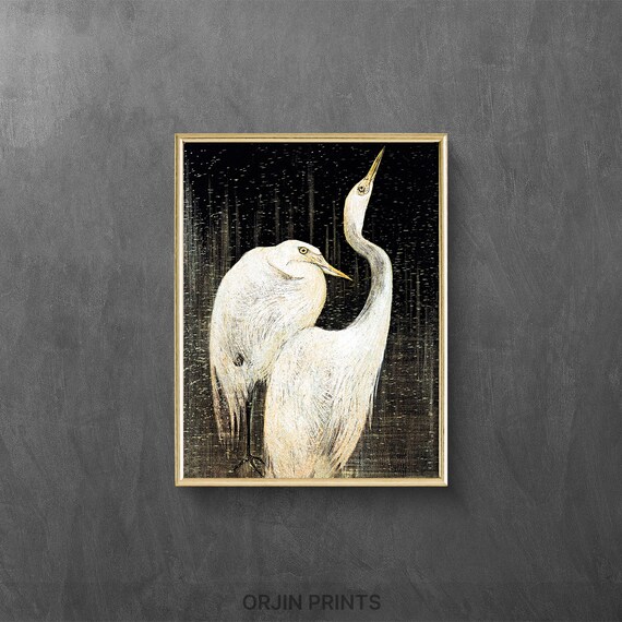 Two White Egrets Black Background Japanese Style Fine Art Poster