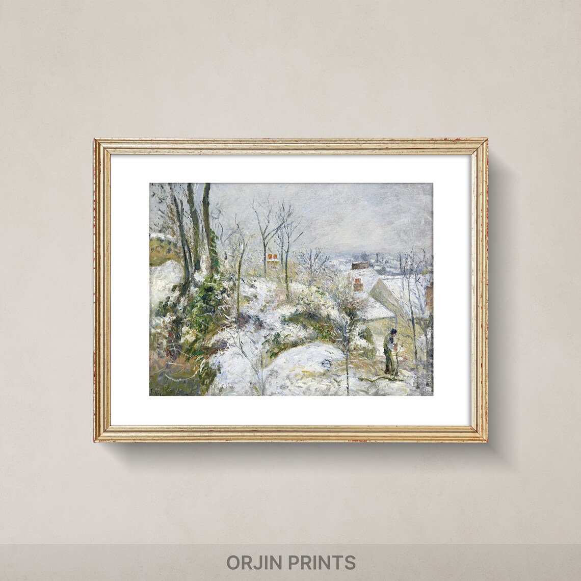 Snowy Village Path with Worker Figure Vintage Impressionist Winter Painting Poster