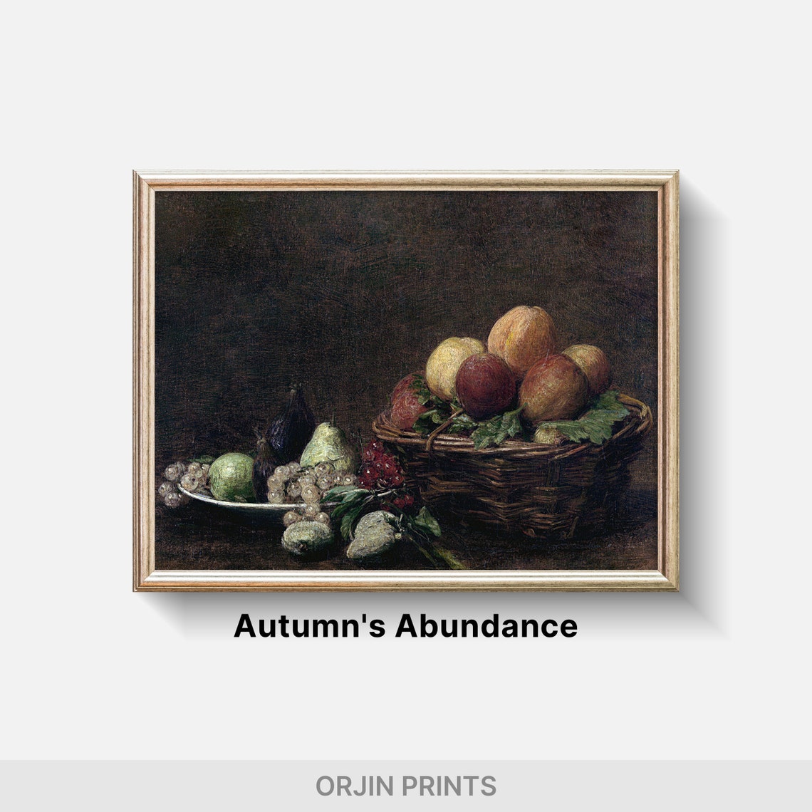 Dark Moody Still Life Fruit Basket Peaches Figs Grapes Art Poster - Image 2